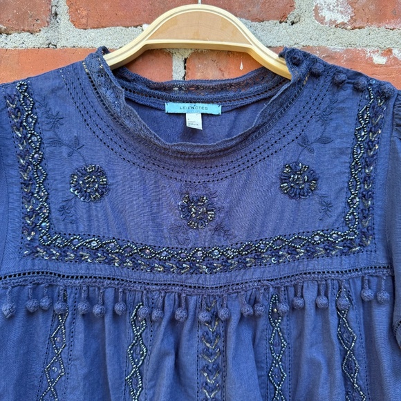 Anthropologie Leifnotes Navy Beaded Embroidered Boho Pom Pom Top Size 2 - Picture 2 of 5